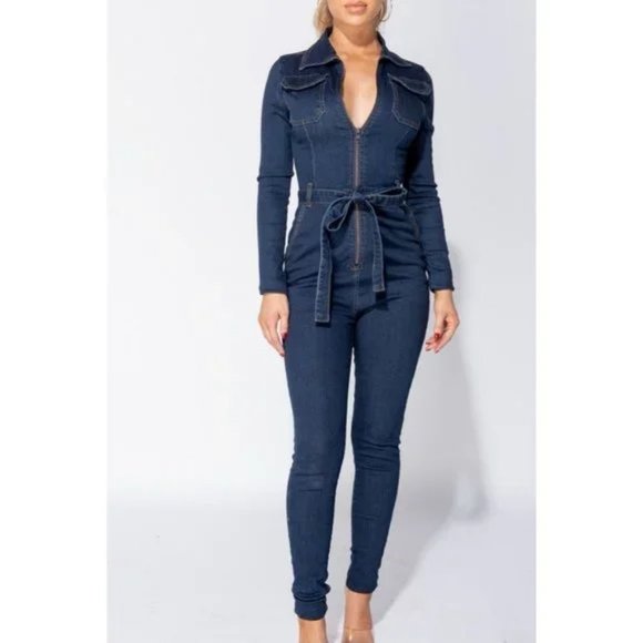 Pants - Blue Denim Jeans Long Sleeve Belted Bodycon Jumpsuit Playsuit